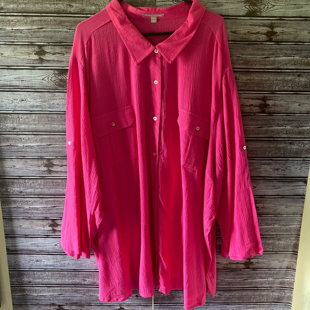Woman Within Women's Long-Sleeved Button-Down Top Size 5X Pink Gauze NWT